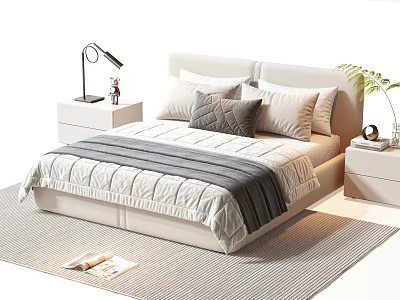 Modern Double Bed with Striped Quilt Gray Blanket Nightstands Table Lamp Green Plant And Rug 3d model