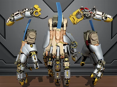 Smart Machines Featuring Robotic Hands Yellow Silver Components Cables And Metallic Texture 3d model