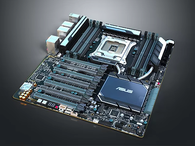 High Performance ASUS Motherboard Featuring CPU Socket RAM Slots And PCIe Ports 3d model