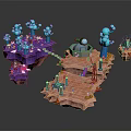 Vibrant Cartoon Scene With Floating Islands Round Structure Blue Plants Colorful Terrain And Tiny Figures