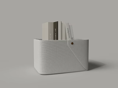 White Woven Storage Box with Light Gray Dark Gray White Books and Small Button Decoration 3d model