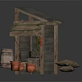 Rustic Wooden Shed With Terracotta Pots Barrels And Sacks