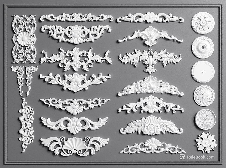 Various Ornate Carved Decorative Pieces With Floral And Circular Patterns 3d model 