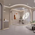 Elegant Modern Beauty Hair Salon Interior with Round Skylight Curved Sofa Pink Chairs Green Plants