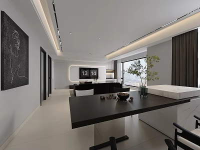 Modern Living Dining Room Interior Design With Black Table Sofa And Floor to Ceiling Window 3d model