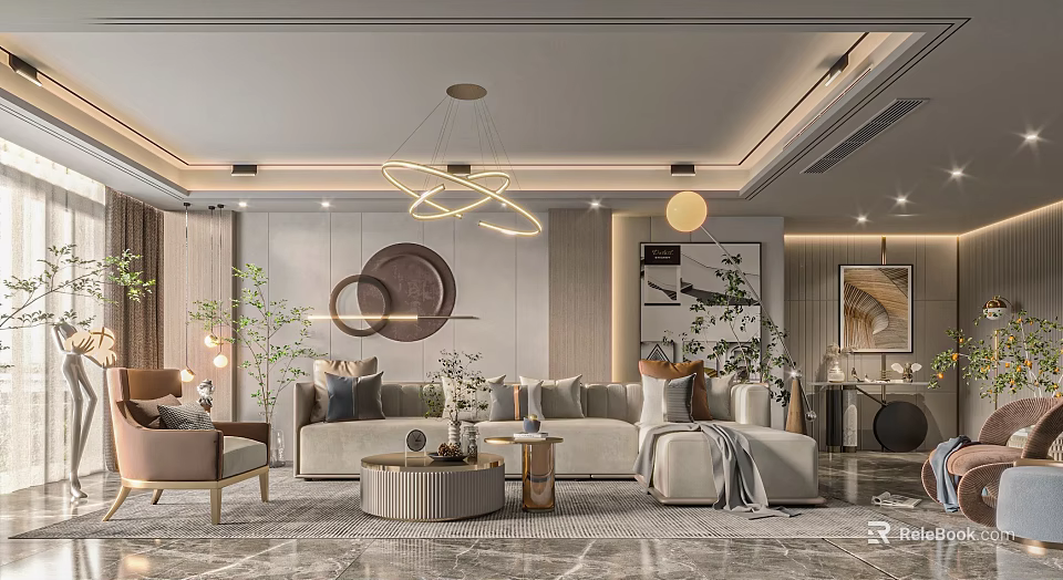Modern Living And Dining Room Interior Design With Sofa Coffee Table Chandelier And Green Plants 3d model 