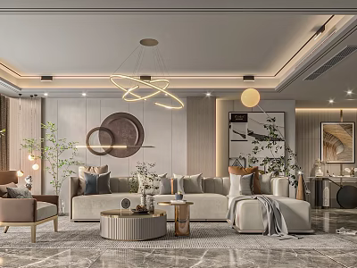 Modern Living And Dining Room Interior Design With Sofa Coffee Table Chandelier And Green Plants 3d model