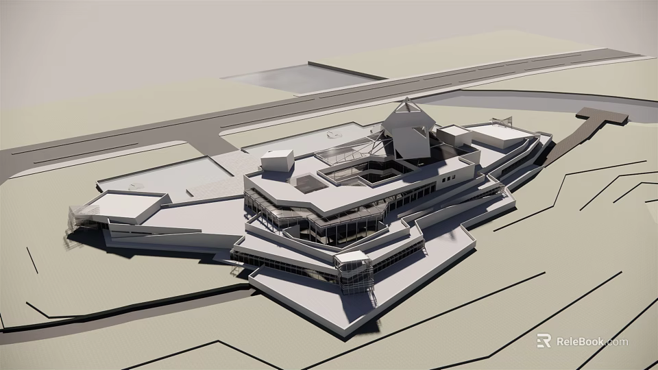 Modern Museum Building Design With Geometric Roof And Glass Facade Structure 3d model 