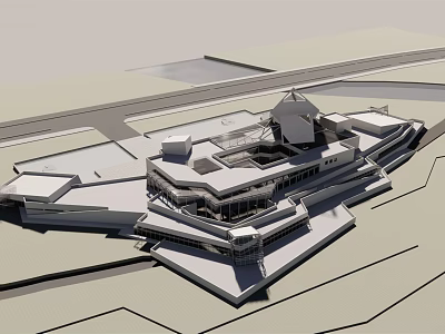 Modern Museum Building Design With Geometric Roof And Glass Facade Structure 3d model