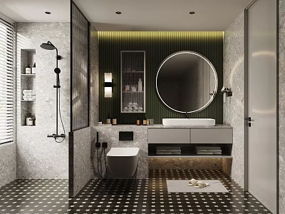 Modern Luxury Bathroom Interior With Round Mirror Marble Countertop And Shower Area 3d model