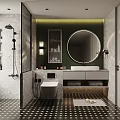 Modern Luxury Bathroom Interior With Round Mirror Marble Countertop And Shower Area
