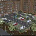 Residential Parking Lot Under High Rise Apartment Buildings With Multiple Cars Parked And Trees Shrubs