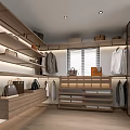 Modern Walk In Closet Interior With Wooden Shelves Hanging Clothes And Storage Solutions