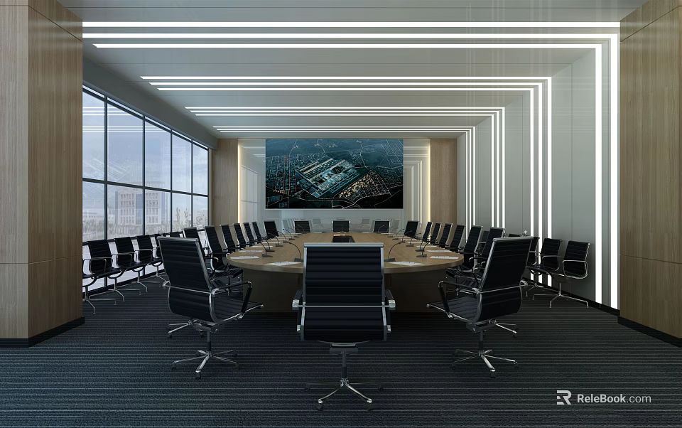 Modern Conference Room With Large Windows Round Table And Black Office Chairs 3d model 