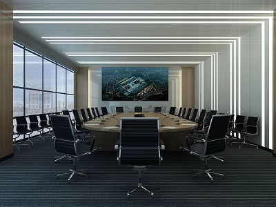 Modern Conference Room With Large Windows Round Table And Black Office Chairs 3d model