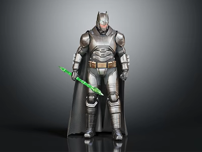 Detailed Batman Armored Action Figure In Metallic Suit With Cape And Green Weapon 3d model