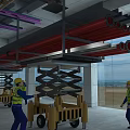 Industrial Building Interior With Red Pipes Scissor Lifts And Concrete Structure