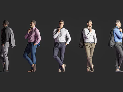 Five Men Showcasing Different Outfits And Various Poses On Gray Background 3d model