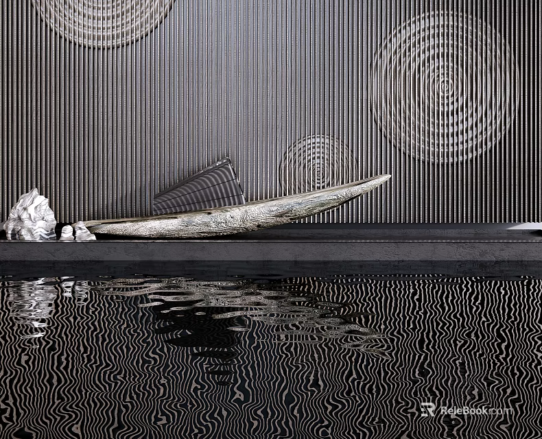 Modern Abstract Metal Sculpture Carving With Water Reflection And Circular Wall Patterns 3d model