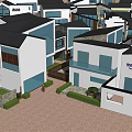 Modern Commercial Street Featuring Multiple Buildings Pine Trees And Courtyards 3d model
