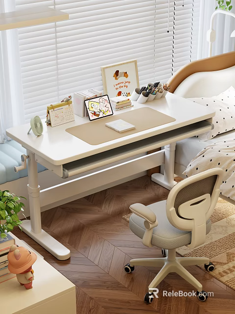 Kids Room Interior With Study Desk Ergonomic Chair Stationery Books And Window Blinds 3d model 