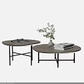 Modern Round Wooden Coffee Table With Black Metal Legs And Decorative Books Plant