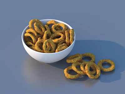Golden Crispy Ring Snacks In White Bowl With Scattered Pieces 3d model