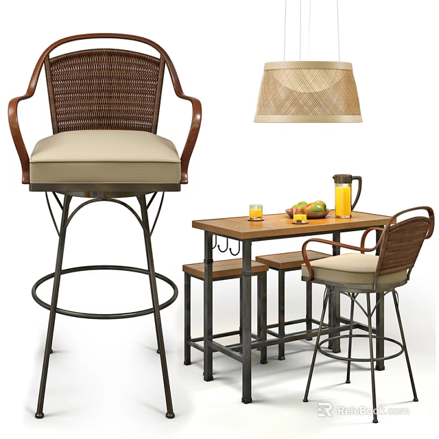Modern Rustic Wicker Table And Chairs Set With Bar Stools Fruit Pitcher And Lamp 3d model 
