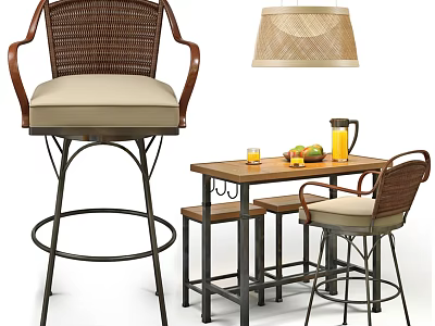 Modern Rustic Wicker Table And Chairs Set With Bar Stools Fruit Pitcher And Lamp 3d model