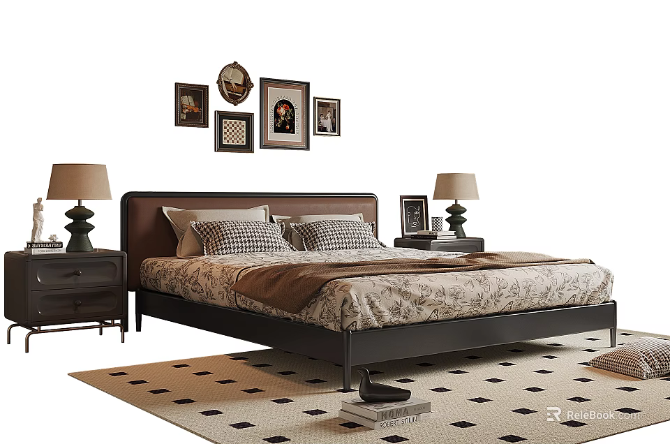 Double Bed With Dark Headboard Bedside Tables Lamps Framed Paintings And Checkerboard Rug 3d model 