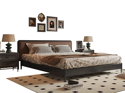 Double Bed With Dark Headboard Bedside Tables Lamps Framed Paintings And Checkerboard Rug 3d model