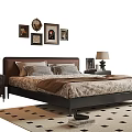 Double Bed With Dark Headboard Bedside Tables Lamps Framed Paintings And Checkerboard Rug