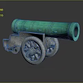 Ancient Green Cannon With Carved Decorations And Metal Wheels Displayed On Reflective Surface