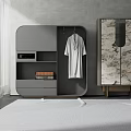 Modern Wardrobe With Marble Pattern Open Shelves And White Robe In Minimalist Interior
