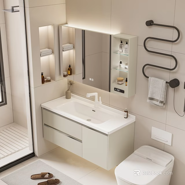 Modern White Bathroom Vanity Cabinet With Mirror LED Lighting And Sink Drawers 3d model 