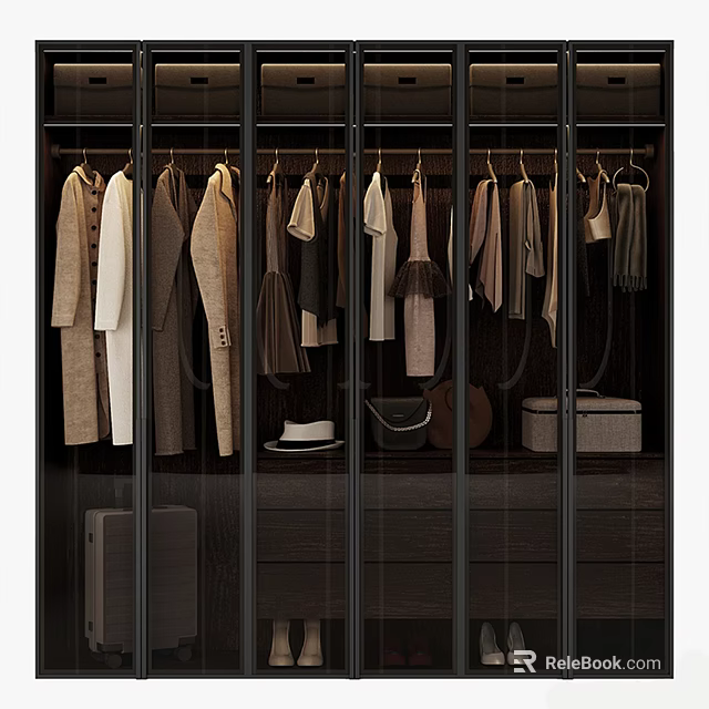 Modern Wardrobe Interior Design With Hanging Clothes And Storage Containers 3d model 