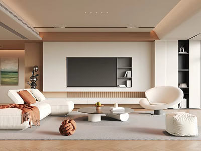 Modern Living Room Interior Design With TV Wall White Sofa Armchair Coffee Table And Rug 3d model