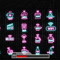 Neon Decorative Lights with Coffee Cup Cake Camera Icons in Pink Cyan for Night