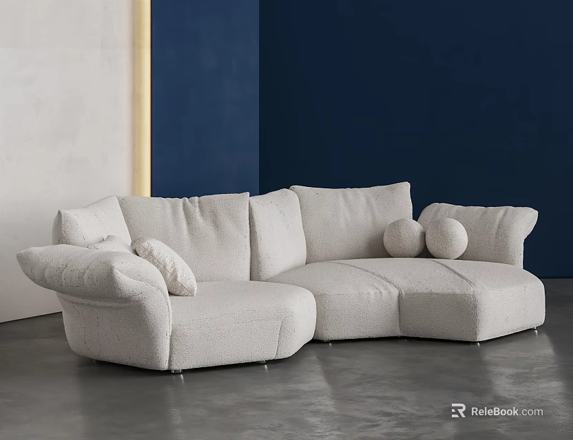 Modern Curved Sectional Sofa With Soft Ivory Linen Plush Cushions And Neutral Walls Interior 3d model 