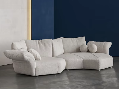 Modern Curved Sectional Sofa With Soft Ivory Linen Plush Cushions And Neutral Walls Interior 3d model