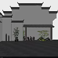 Traditional Chinese Building Facade With White Wall Overhanging Eaves Tile Roof And Green Plants