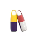 Two Colorful Handheld Water Bottles With Yellow Purple And Red Silver Design
