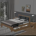 Wooden Double Bed with Gray Headboard Storage Drawers Nightstands Table Lamps and Cactus Wall Art
