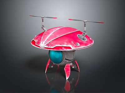 Red Flying Saucer Shaped Object With Rotors Blue Sphere And Stands On Dark Surface 3d model