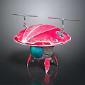 Red Flying Saucer Shaped Object With Rotors Blue Sphere And Stands On Dark Surface