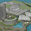 Modern Office Buildings With Sea View And Lush Trees In Urban Landscape