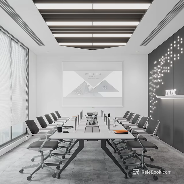 Modern Conference Room Interior With Sleek Design Long Table Chairs Projection Screen And Windows 3d model 