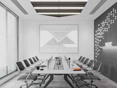Modern Conference Room Interior With Sleek Design Long Table Chairs Projection Screen And Windows 3d model