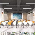 Modern Meeting Room Interior With Tables Yellow White Chairs Large Screen And Green Plants