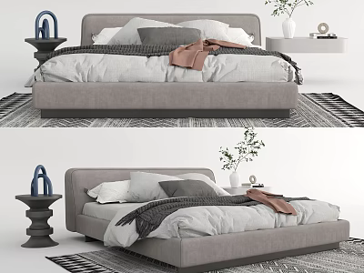 Modern Gray Double Bed With Soft Bedding Pillows And Side Table Plant Vase 3d model